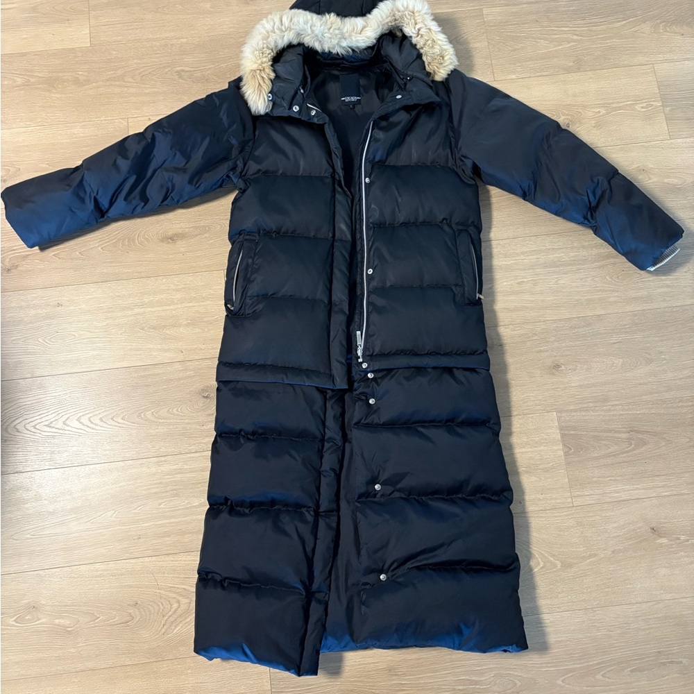 Escada Sport Black Long Puffer Coat with Faux Fur Collar